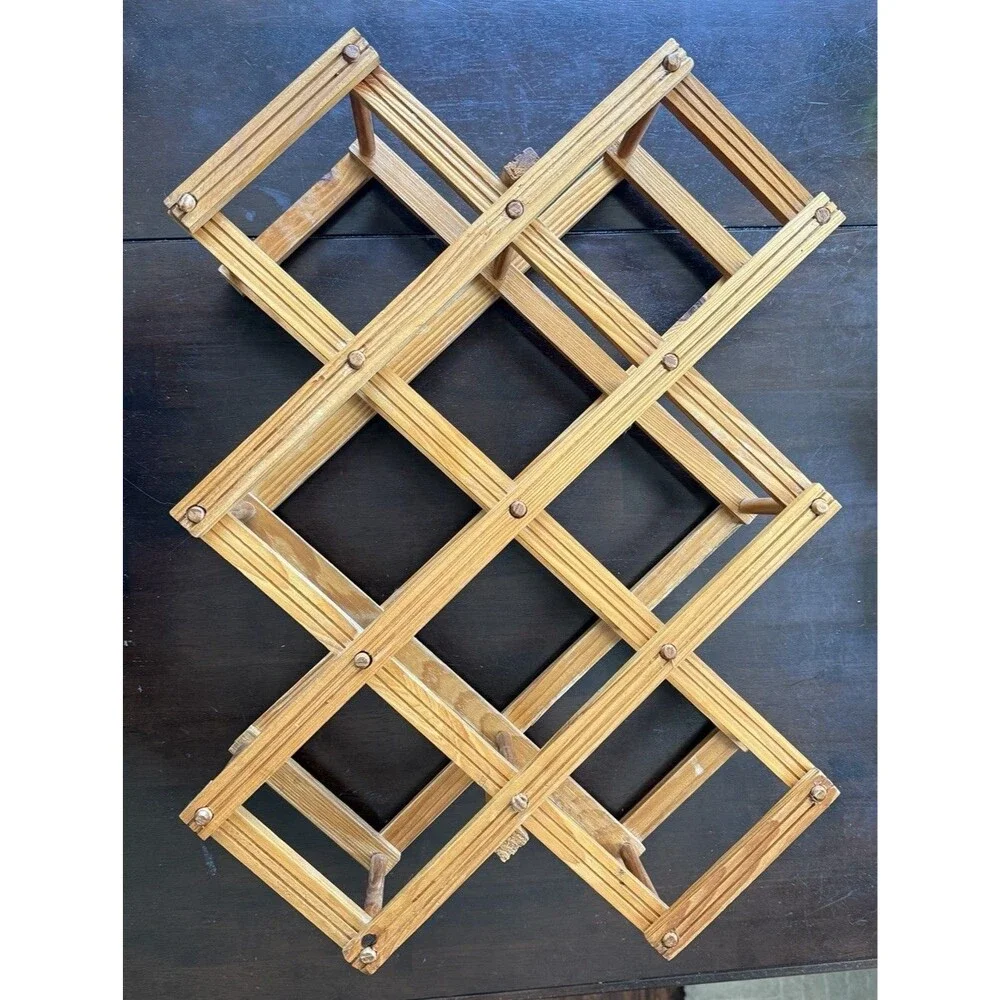 Vintage Hanging Wooden 8 Slot Wine Rack Accordian Fold Up Bottle Holder